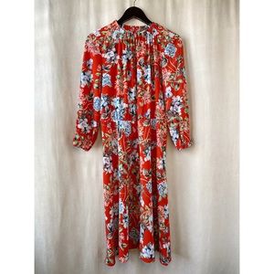 Red Floral Midi Dress with Ruching Details